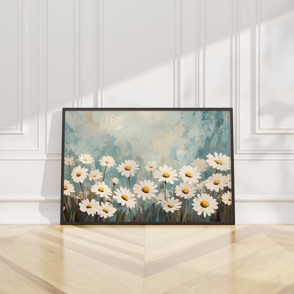 White Daisies Teal Textured Background Floral Oil Painting Poster