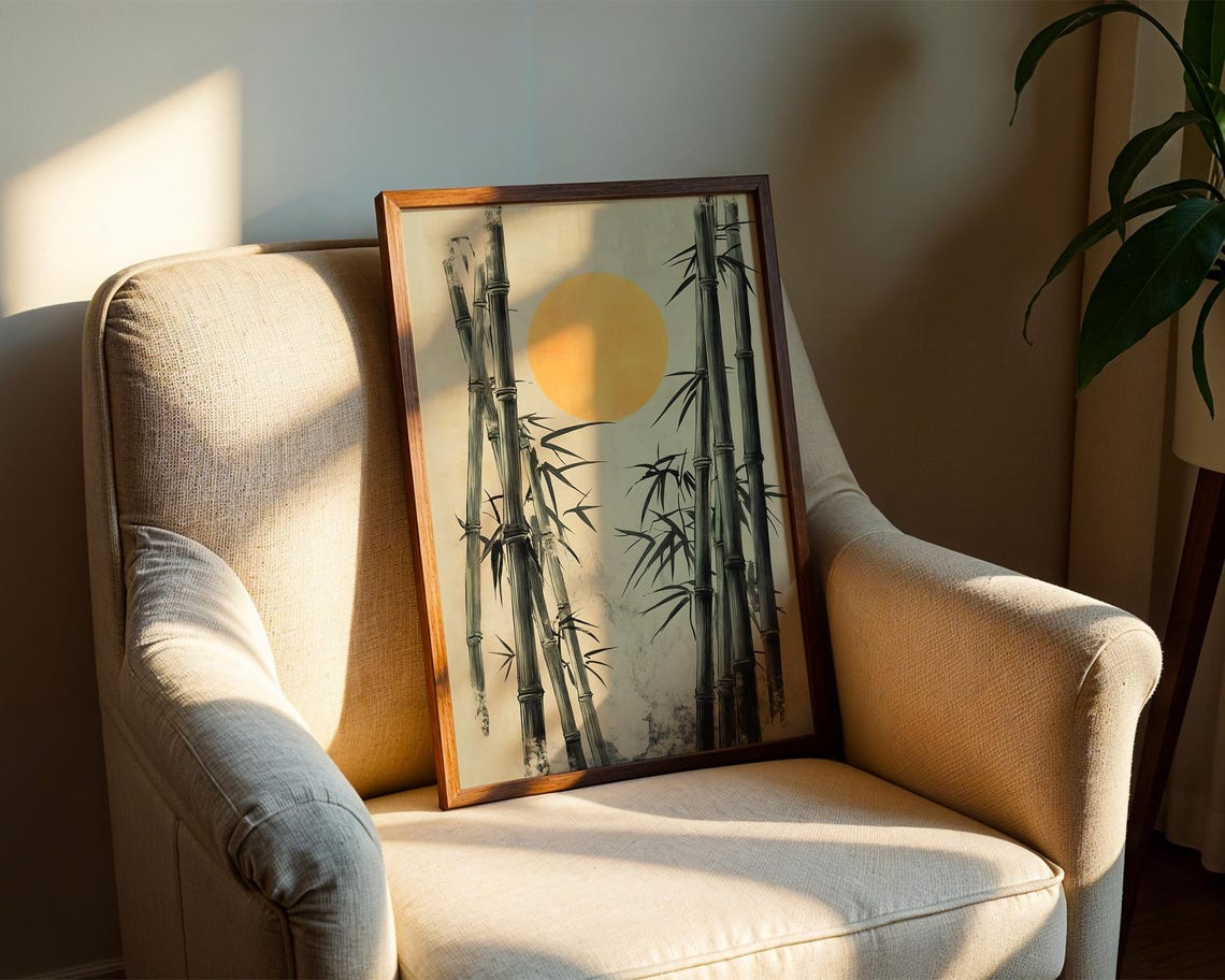 Serene Bamboo Forest Golden Sun Japanese Ink Wash Painting Poster - Image 2