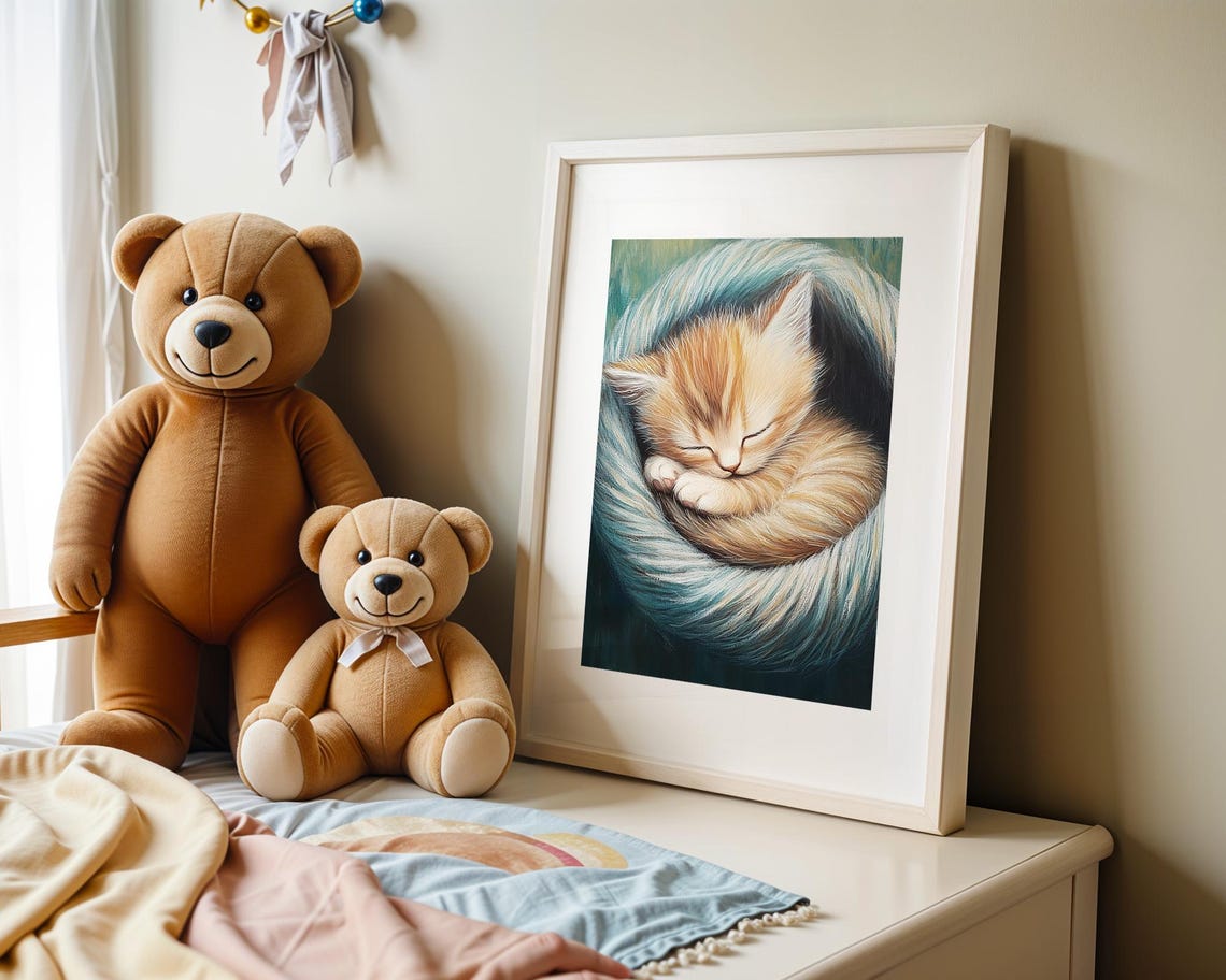 Sweet Sleeping Ginger Kitten Curled in Teal Swirl Art Poster - Image 3