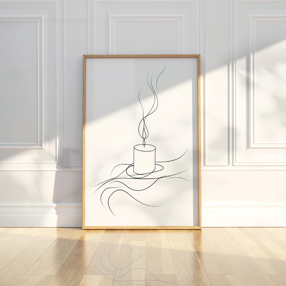 Lit Burning Candle Wispy Smoke Line Art Minimalist Decor Poster