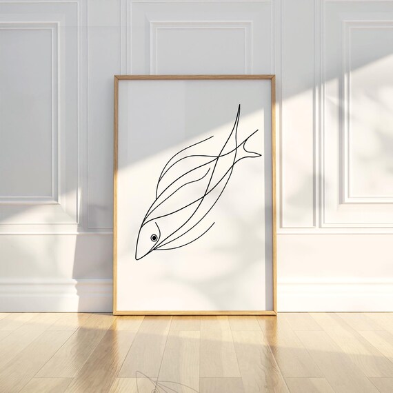 Minimalist Abstract Fish Line Art Pencil Sketch Animal Drawing Trendy Poster Wall Print Modern Home Decor