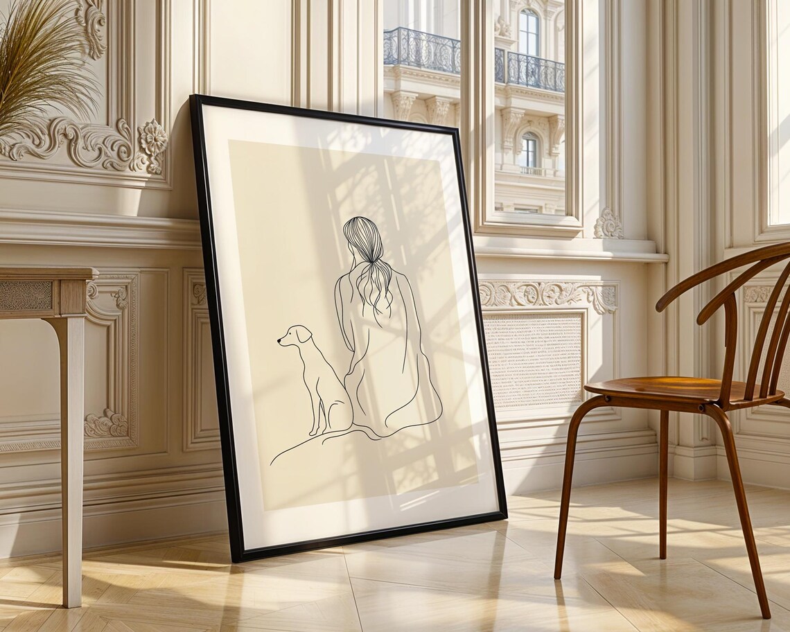 Woman And Dog Best Friends Minimal Line Drawing Portrait Art Poster - Image 3