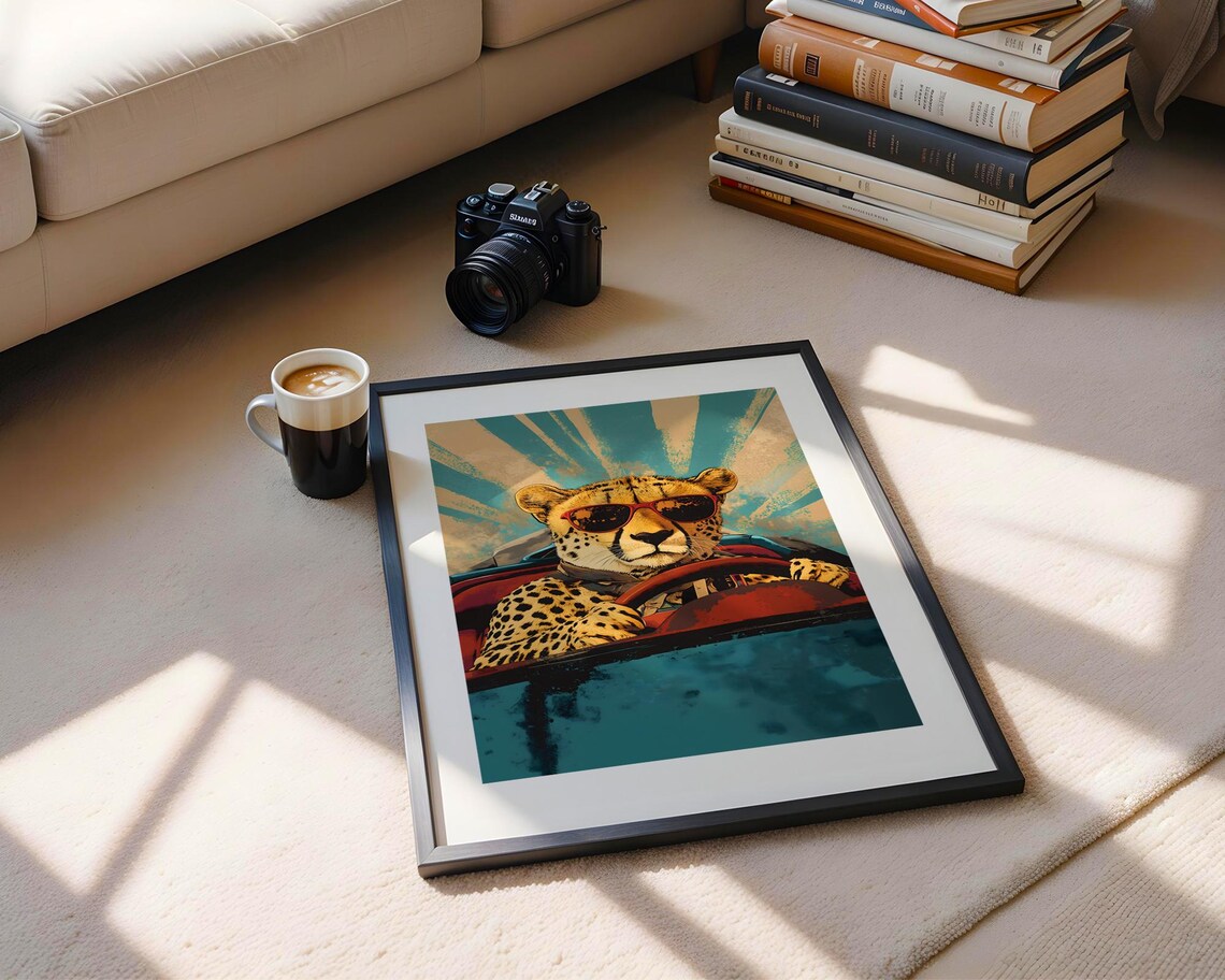 Cheetah Wearing Sunglasses Driving Vintage Red Convertible Poster - Image 4