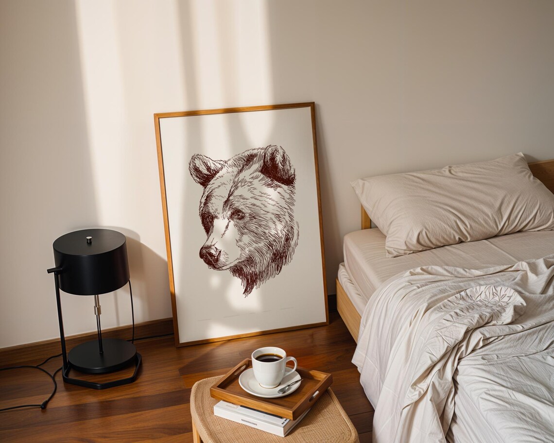 Watchful Bear Head Brown Pencil Sketch Wildlife Line Drawing Poster - Image 3