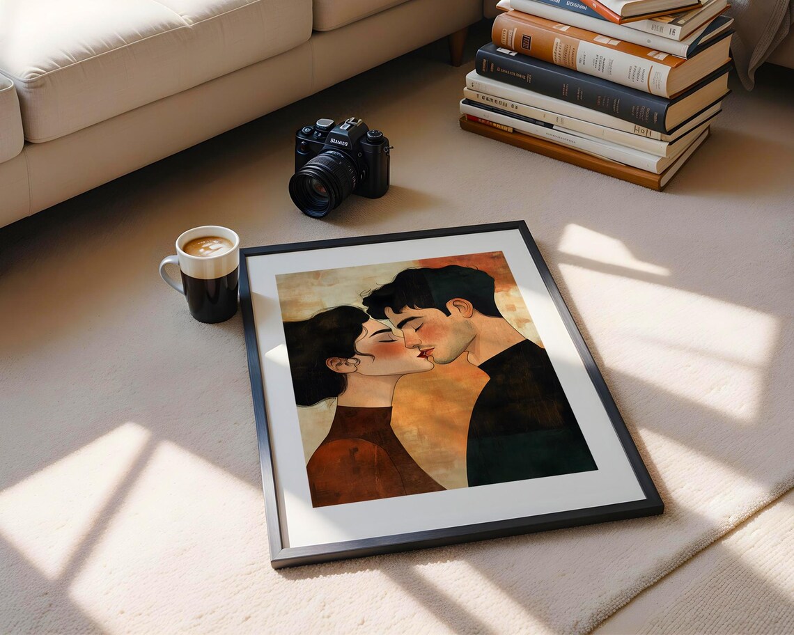 Romantic Couple Kiss Warm Orange Stylized Love Illustration Poster - Image 5