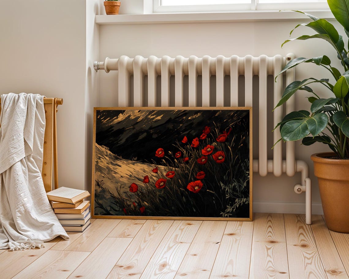 Moody Red Poppies On Dark Background Dramatic Floral Painting Poster - Image 3