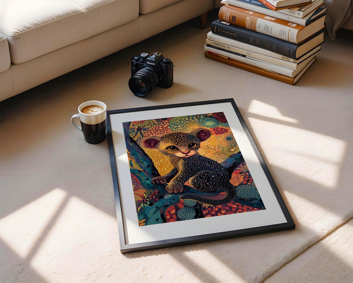 Baby Leopard Cub In Colorful Dotted Pointillism Jungle Foliage Poster - Image 4