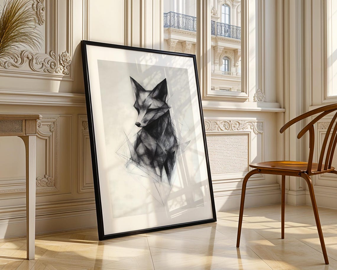 Geometric Fox Profile Black Ink Wildlife Animal Drawing Wall Art - Image 4