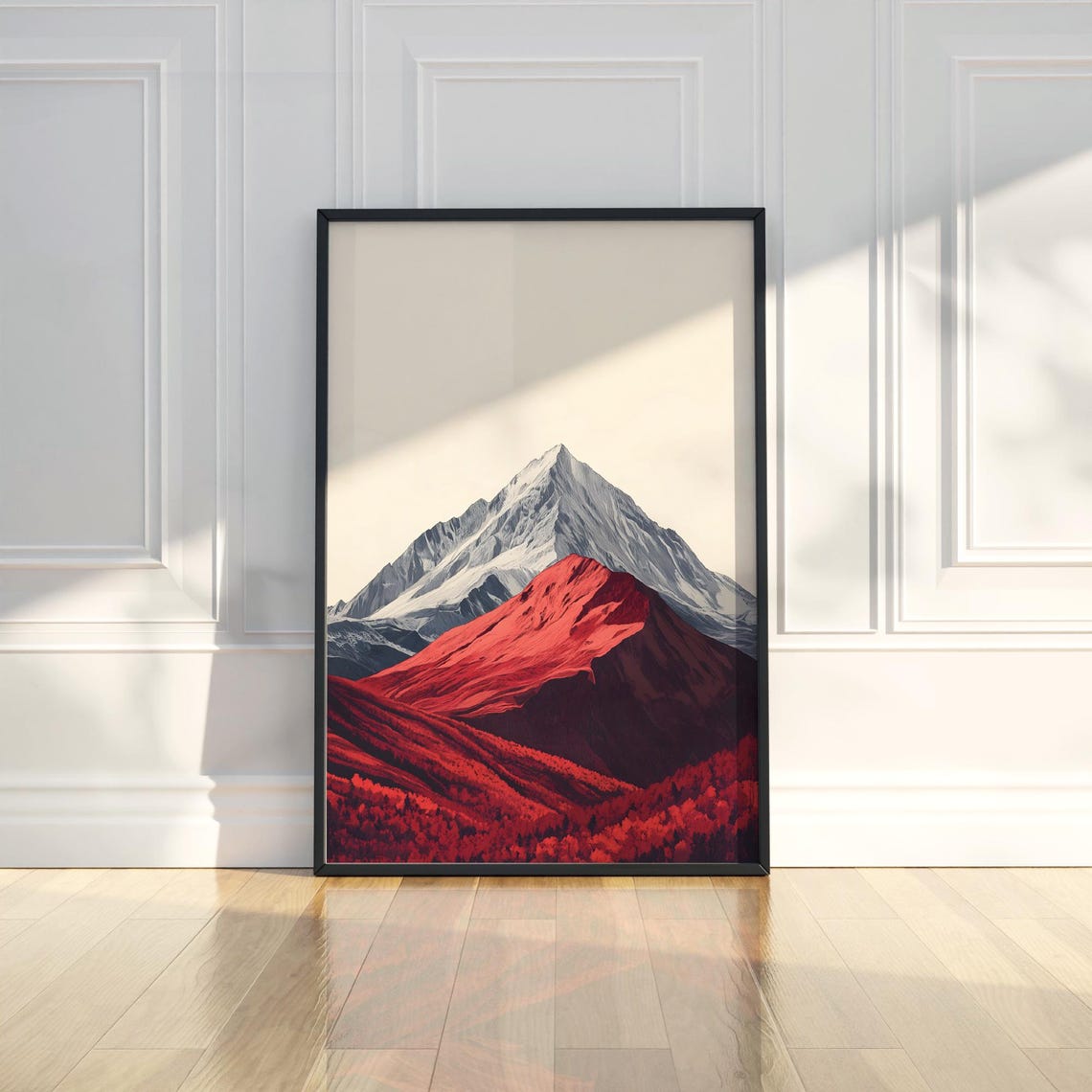 Minimalist Red Hills and Grey Mountain Art Poster for Bold Decor