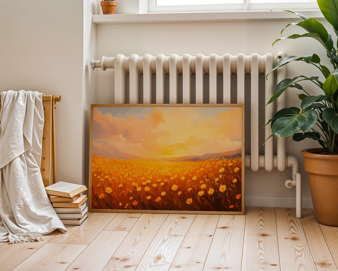 Golden Wildflower Field Blazing Sunset Warm Landscape Art Poster - Image 3