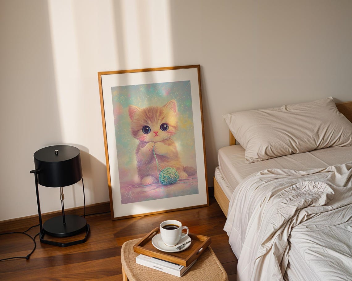 Cute Fluffy Kitten Playing Yarn Ball Pastel Nursery Art Poster - Image 2