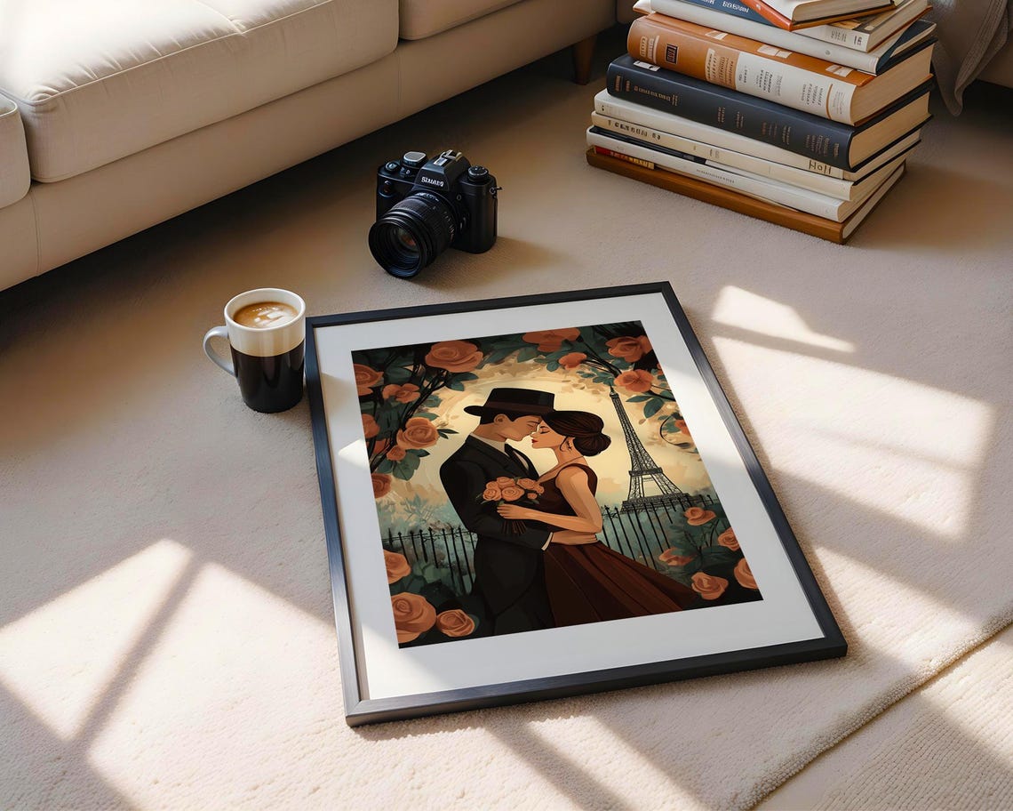 Parisian Eiffel Tower Romantic Couple Roses Vintage Art Print - Image 5