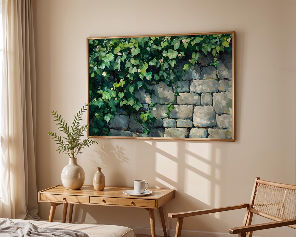 Green Ivy Cascading Over Rustic Stone Wall Botanical Art Poster - Image 4