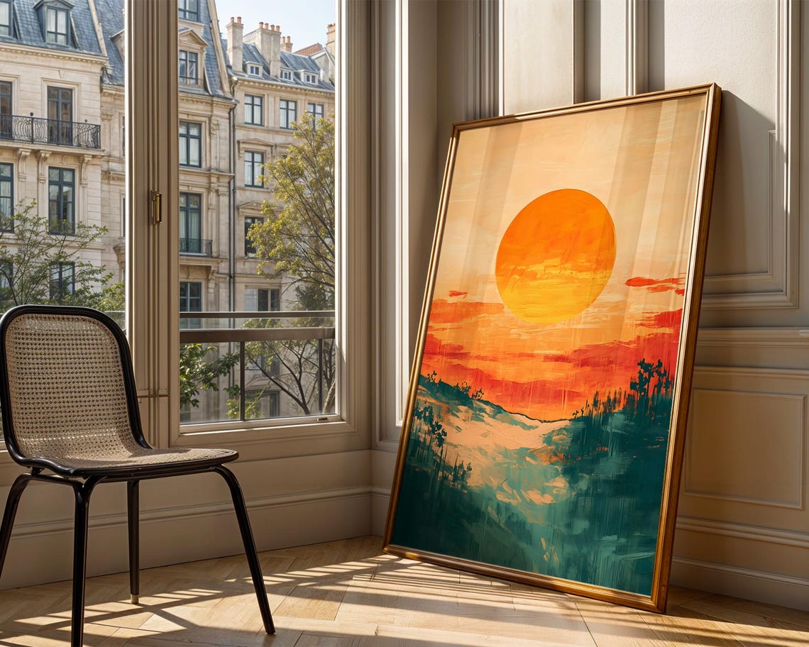 Giant Orange Sun Setting Over Abstract Teal Landscape Sunset Poster
