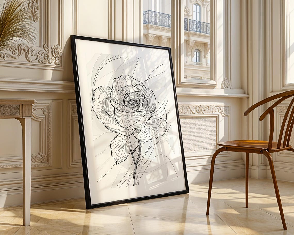 Intricate Rose Bloom Line Art Botanical Flower Drawing Poster - Image 3