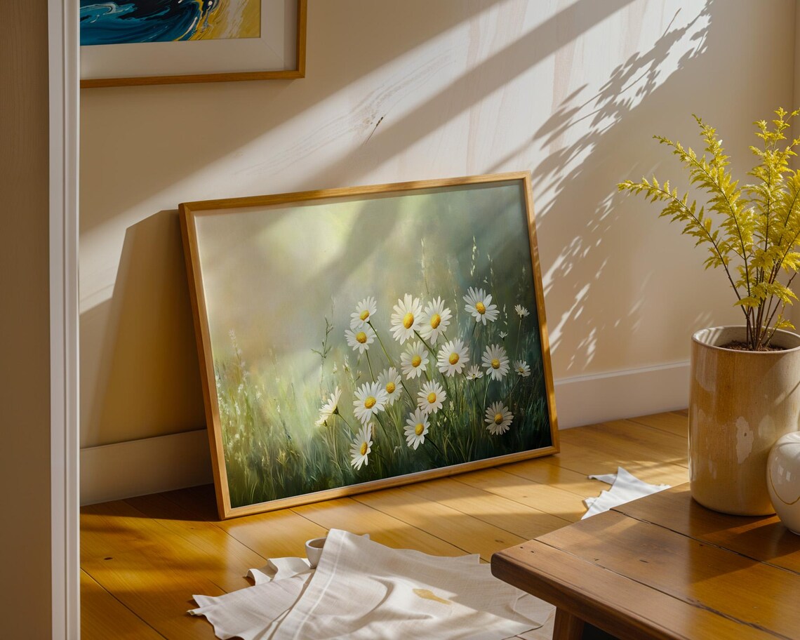 Daisy Meadow In Golden Morning Light Soft Romantic Floral Painting Poster - Image 4