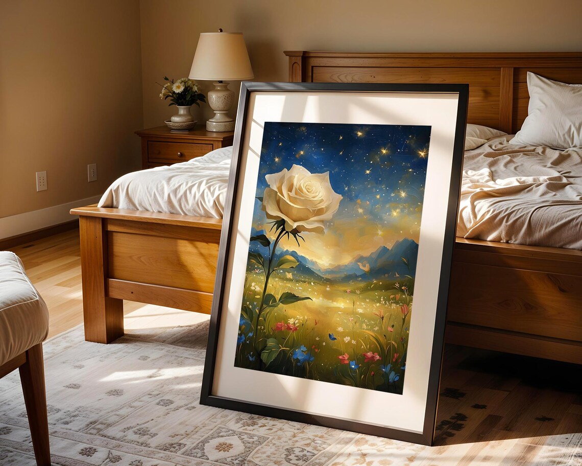 White Rose Starry Night Sky Wildflower Field Mountain Oil Painting Poster - Image 4
