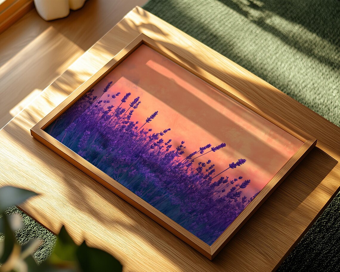 Purple Lavender Field Sunset Sky Warm Landscape Nature Wall Art - Image 2