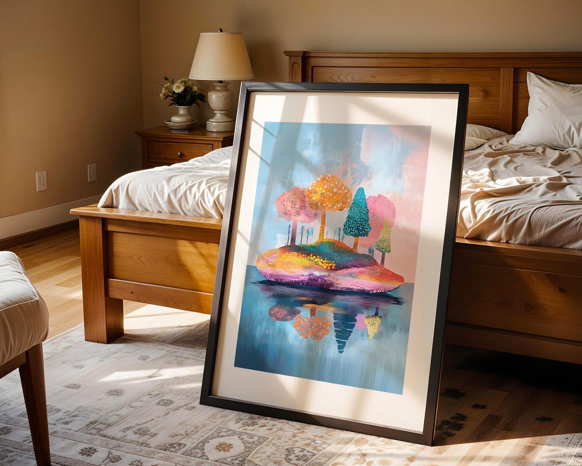 Whimsical Colorful Island Trees Reflecting in Water Art Poster