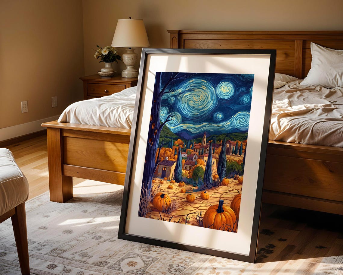 Starry Night Pumpkin Patch Village Fall Cozy Harvest Art Poster