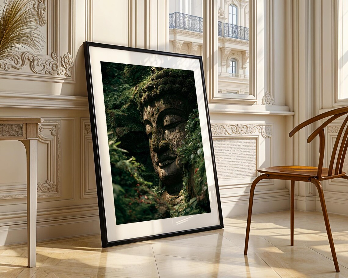 Ancient Moss Covered Buddha Head Zen Jungle Statue Photo Poster - Image 4