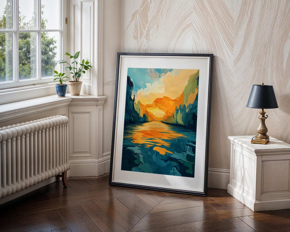 Abstract Sunset River Teal and Orange Impressionist Art Poster - Image 4