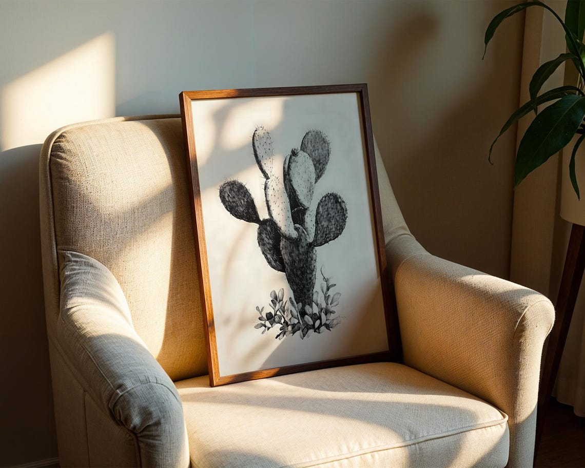 Charming Prickly Pear Cactus Black And White Pencil Sketch Poster - Image 2