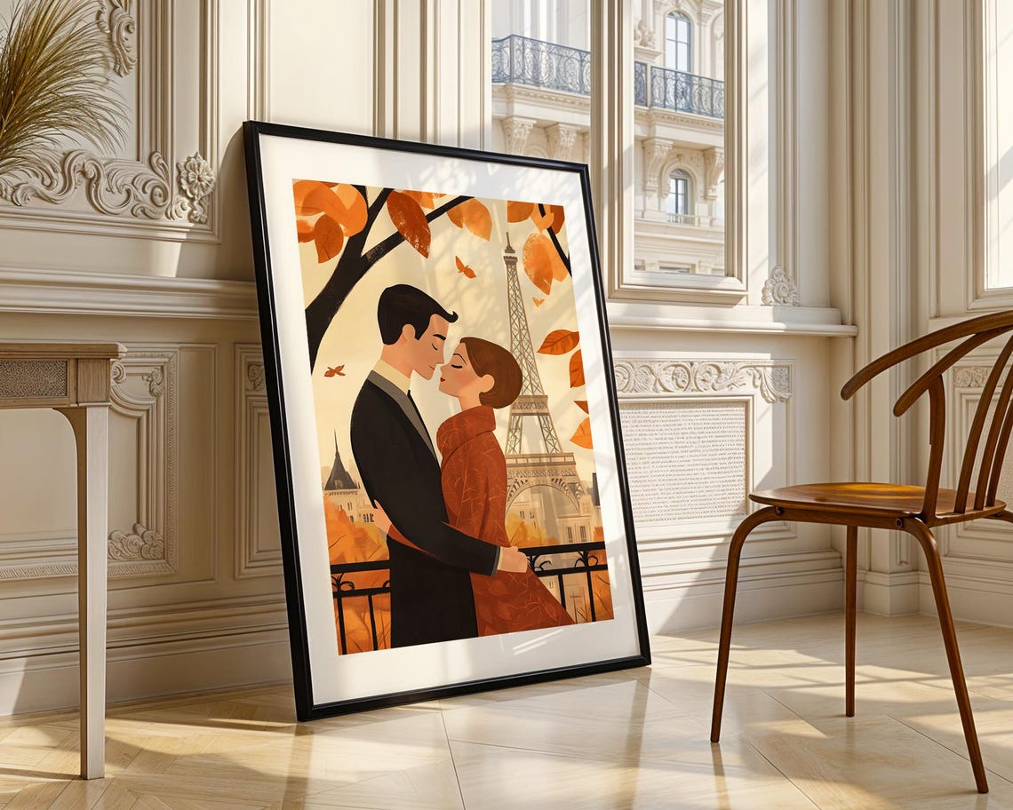 Paris Couple Autumn Leaves Eiffel Tower Romantic Illustration Poster - Image 3