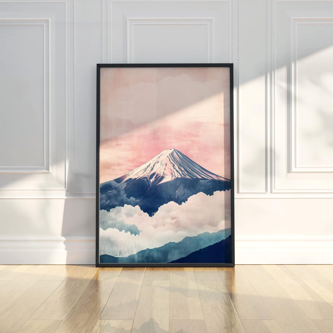 Mount Fuji Above Soft Pink Clouds Japanese Watercolor Art Poster