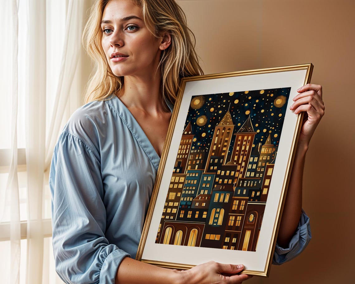 Golden City Night Lights Stylized Skyline Urban Starry Art Poster - Image 2