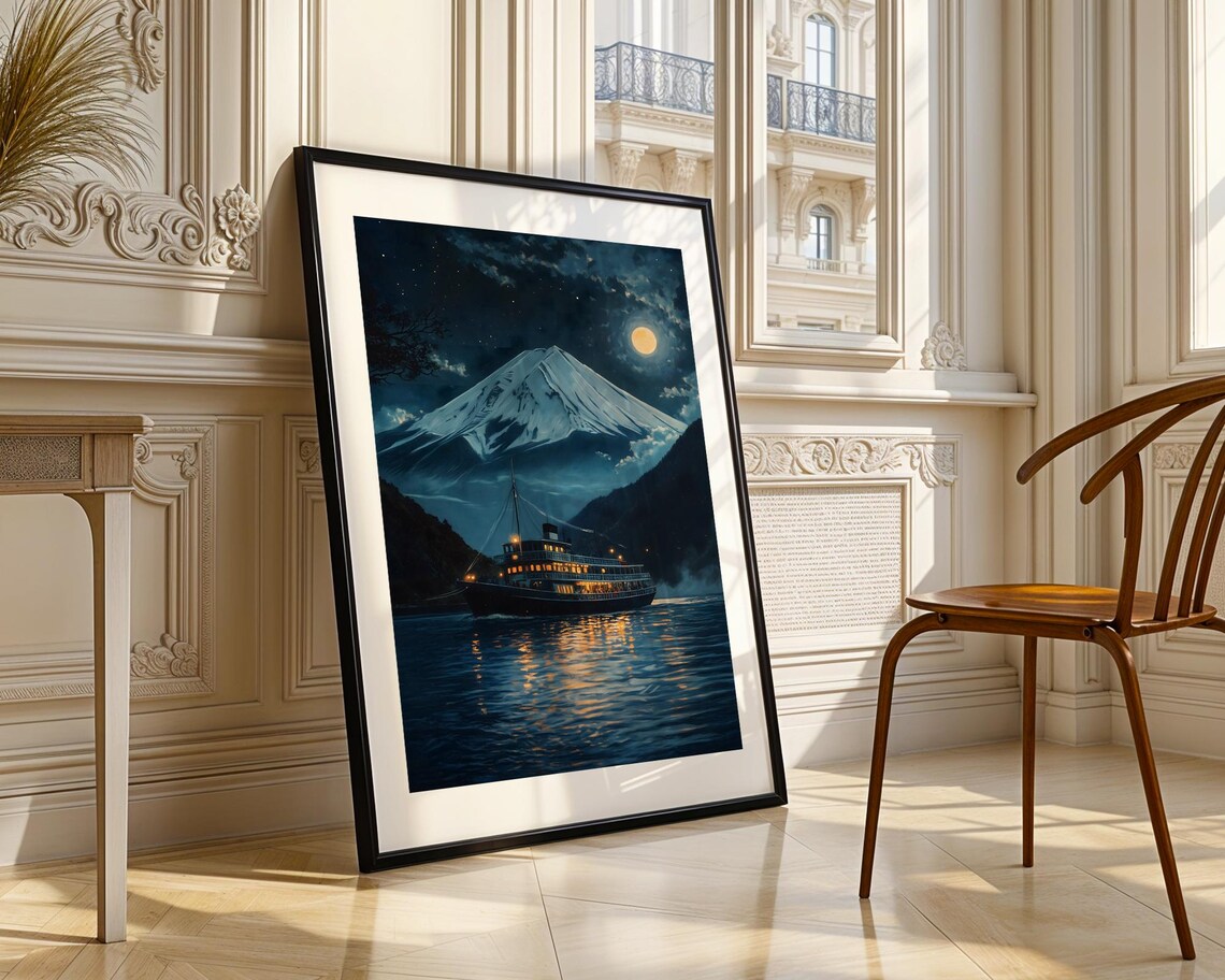 Moonlit Mount Fuji Lake Night Boat Japanese Landscape Art Poster - Image 3