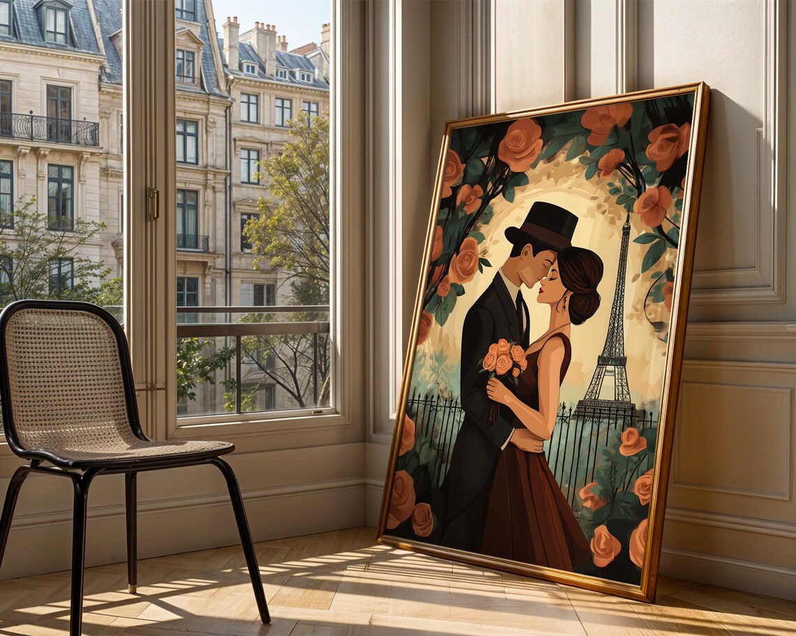 Parisian Eiffel Tower Romantic Couple Roses Vintage Art Print