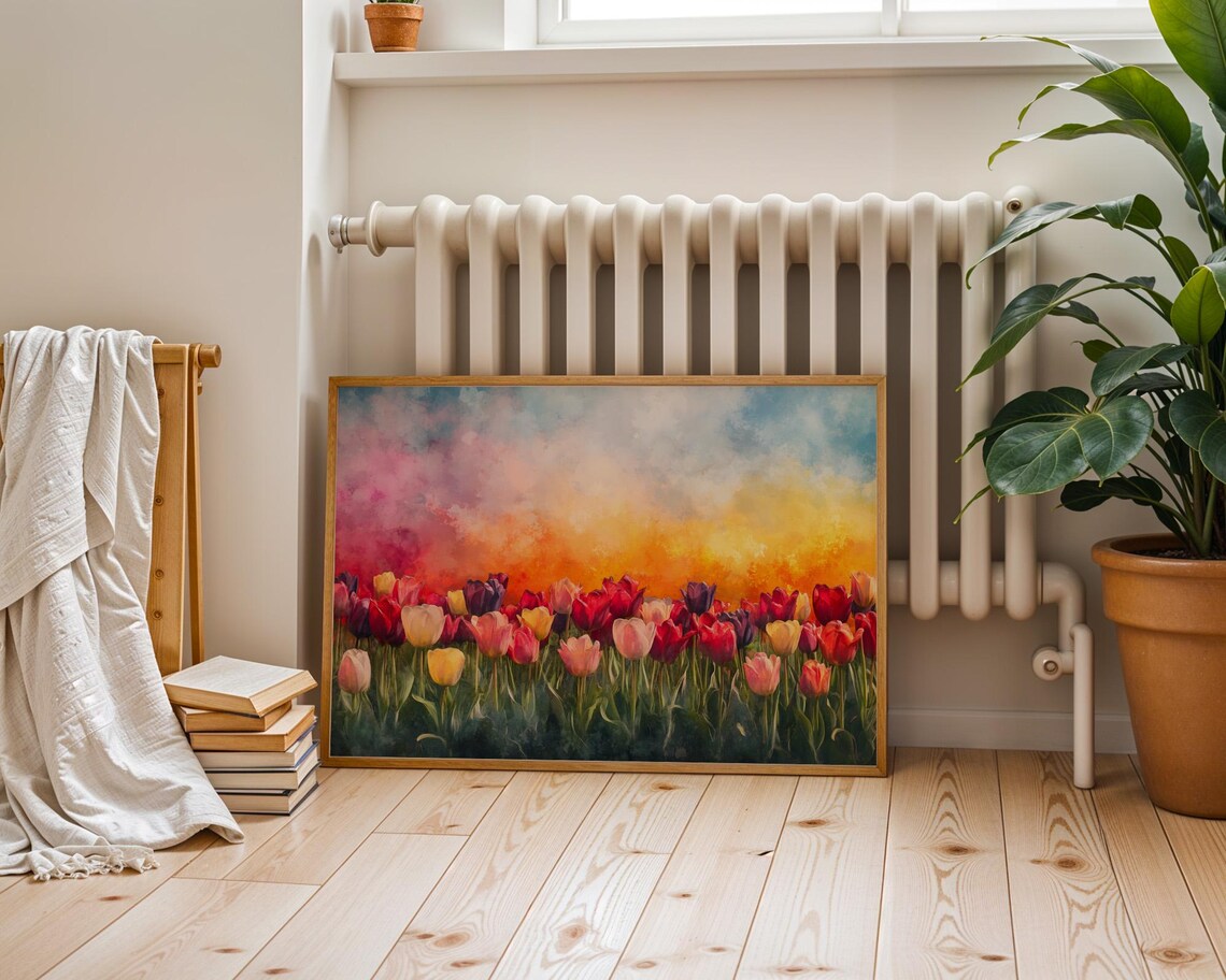 Colorful Tulip Field Rows Fiery Sunset Sky Watercolor Art Poster - Image 4