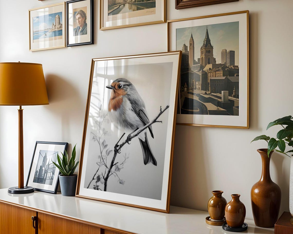 Charming Robin Pencil Sketch Wall Art Nature Bird Minimalist Nursery And Boho Living Room Office Decor - Image 5