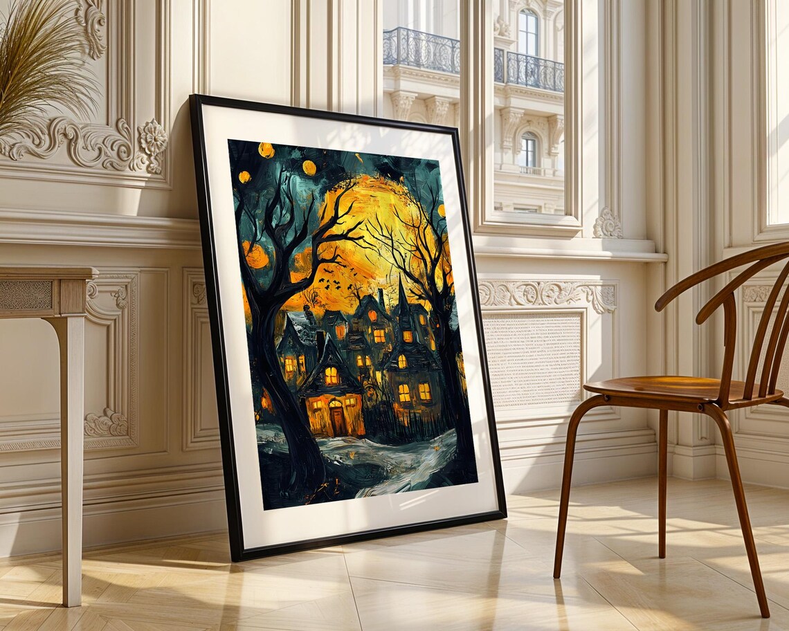 Haunted Village Harvest Moon Spooky Night Halloween Scene Poster - Image 5