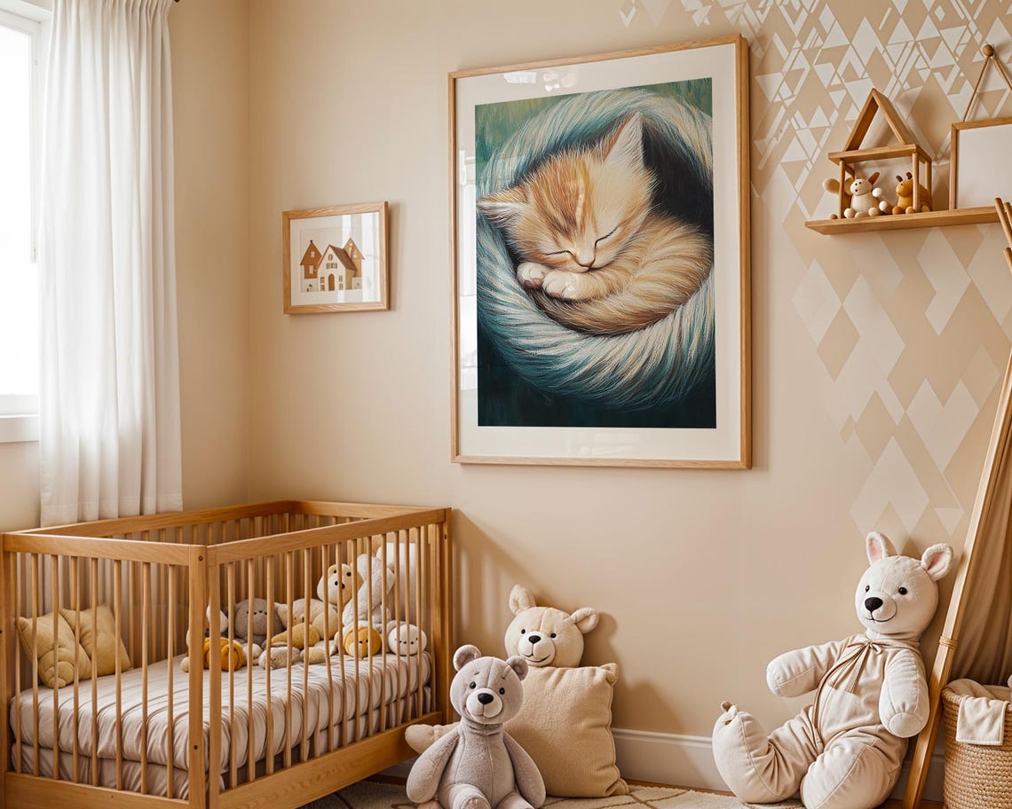 Sweet Sleeping Ginger Kitten Curled in Teal Swirl Art Poster - Image 4