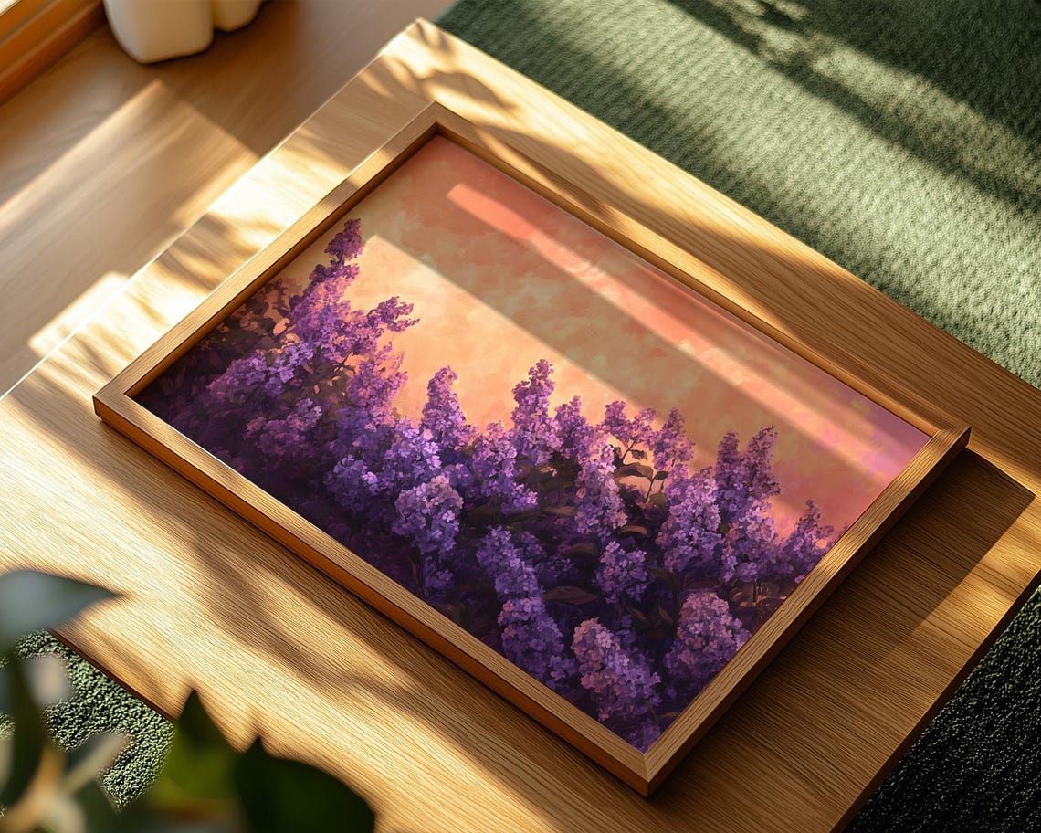 Purple Lilac Blooms Orange Sunset Sky Dramatic Floral Poster - Image 2