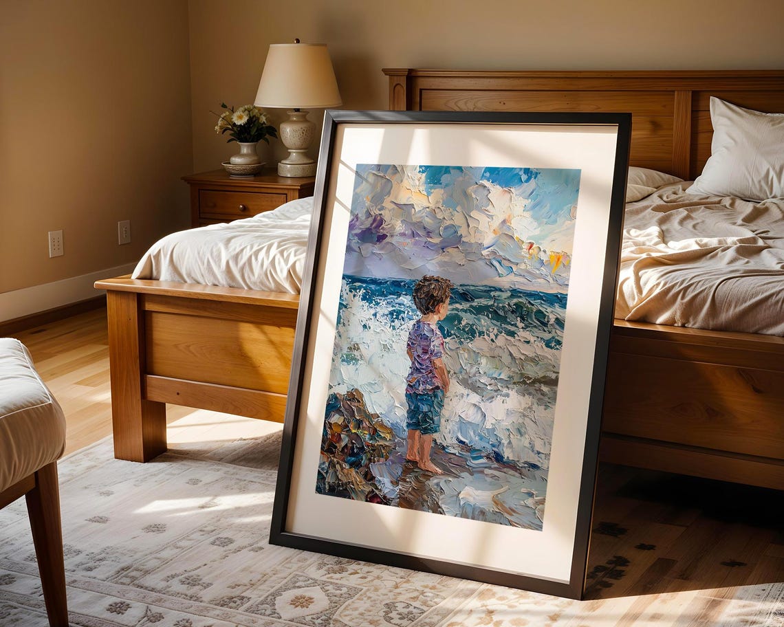 Boy Watching Ocean Waves Textured Impasto Coastal Oil Art Poster - Image 4