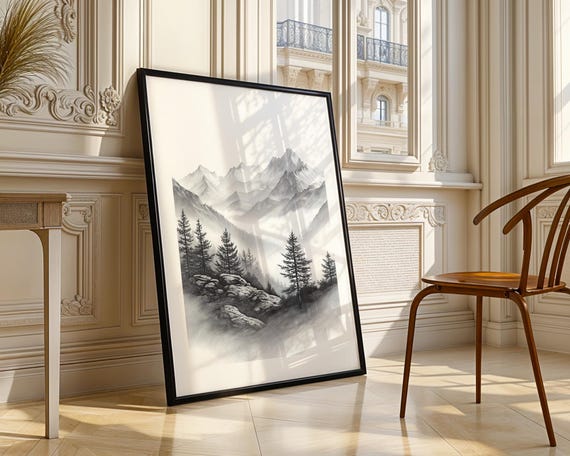 Misty Pine Forest Mountain Range Pencil Sketch Wall Art Monochrome Landscape Poster For Living Room Office Nursery Decor