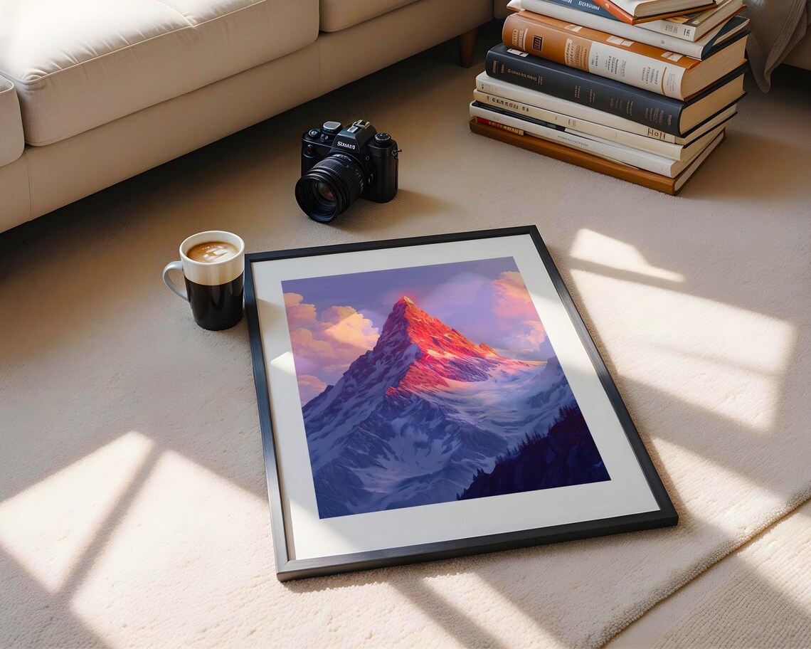 Snowy Mountain Peak at Sunrise Art Poster with Pink Alpenglow - Image 5