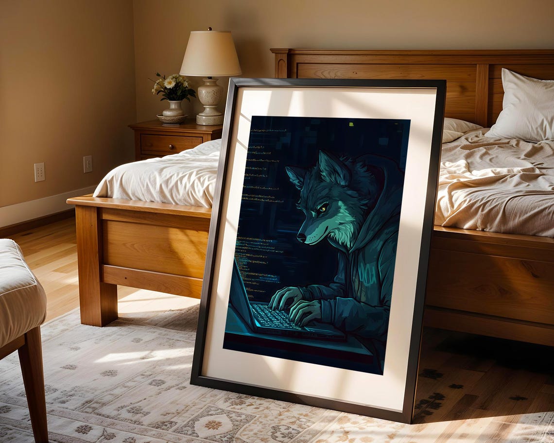 Wolf Hacker Coding Laptop Programmer Neon Tech Animal Art Print - Image 4