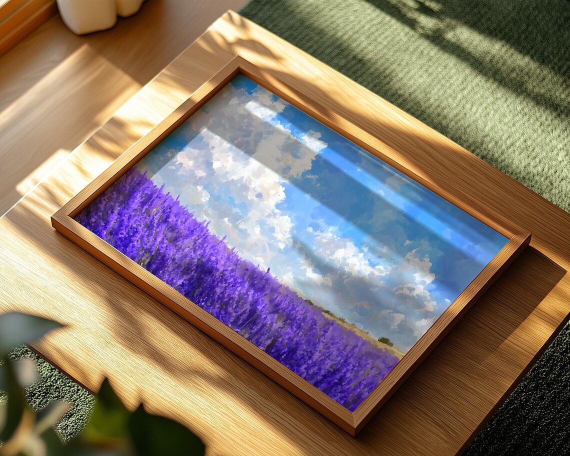 Lavender Field Blue Sky Summer Landscape Oil Painting Wall Print - Image 2