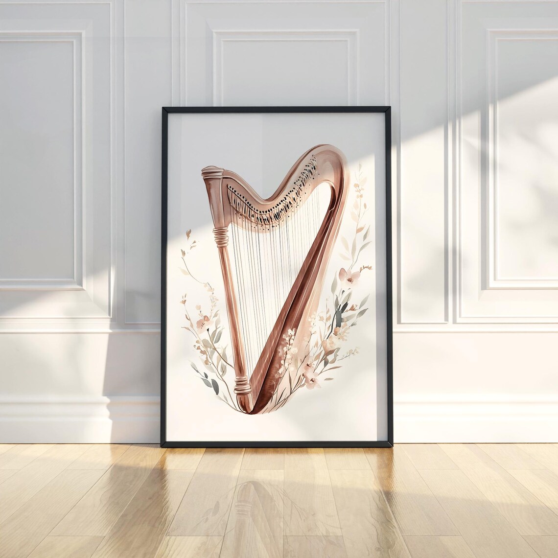 Watercolor Harp Floral Botanical Elegant Classical Music Art Poster