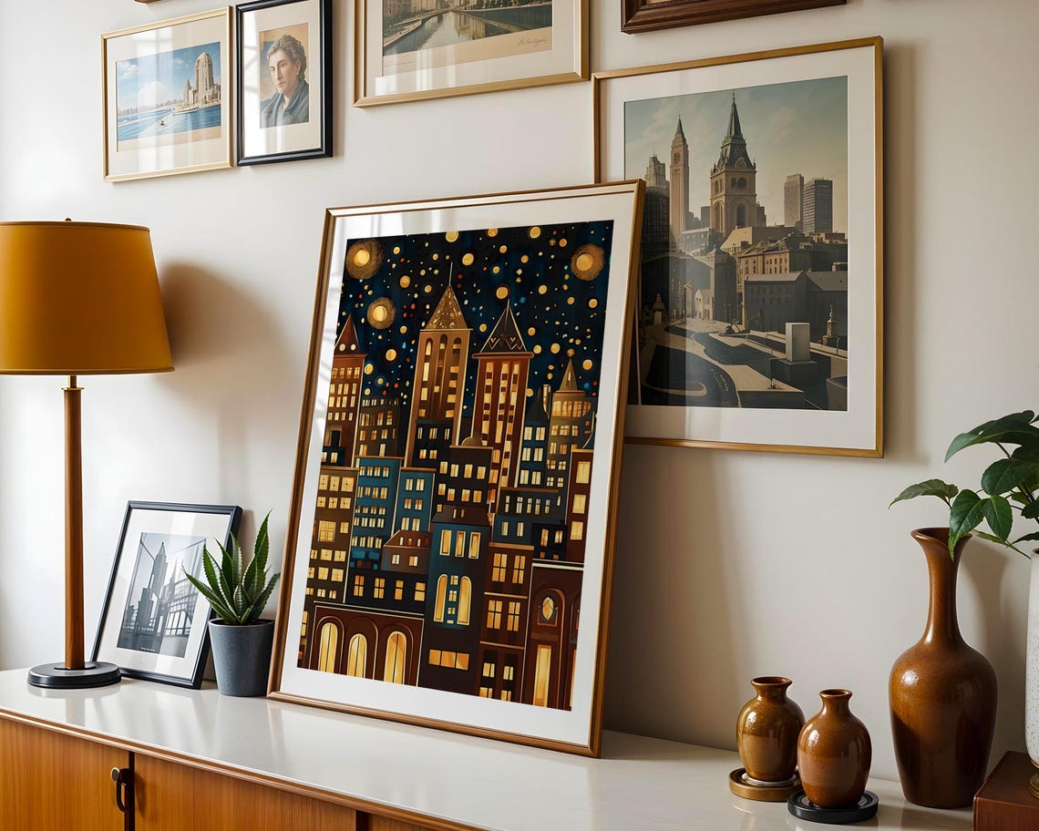 Golden City Night Lights Stylized Skyline Urban Starry Art Poster - Image 3