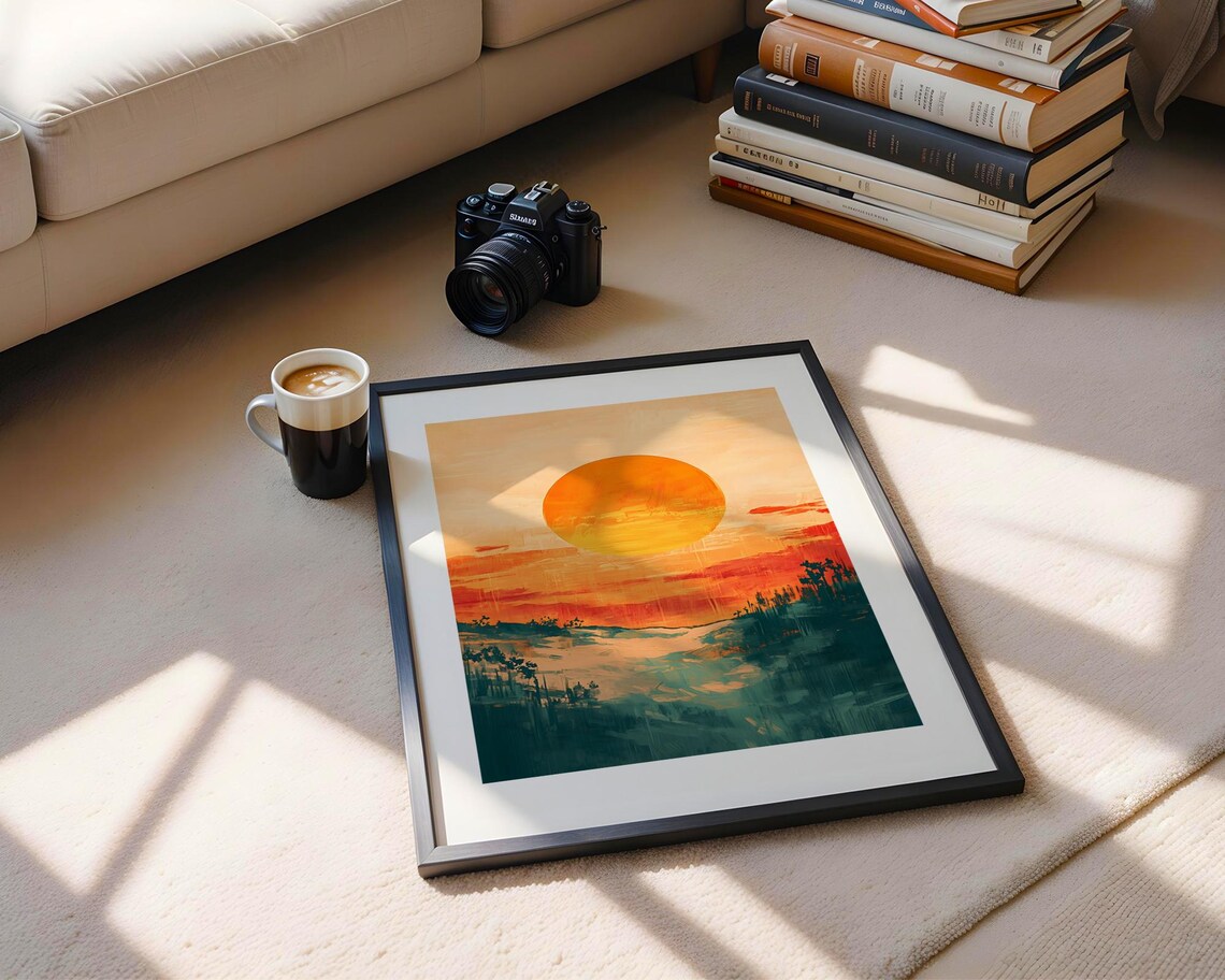 Giant Orange Sun Setting Over Abstract Teal Landscape Sunset Poster - Image 5