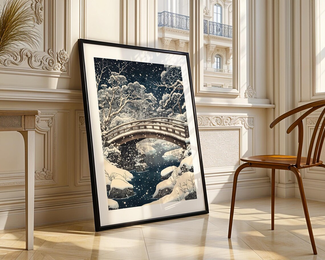 Serene Japanese Snowy Night Bridge Winter Landscape Art Print - Image 4