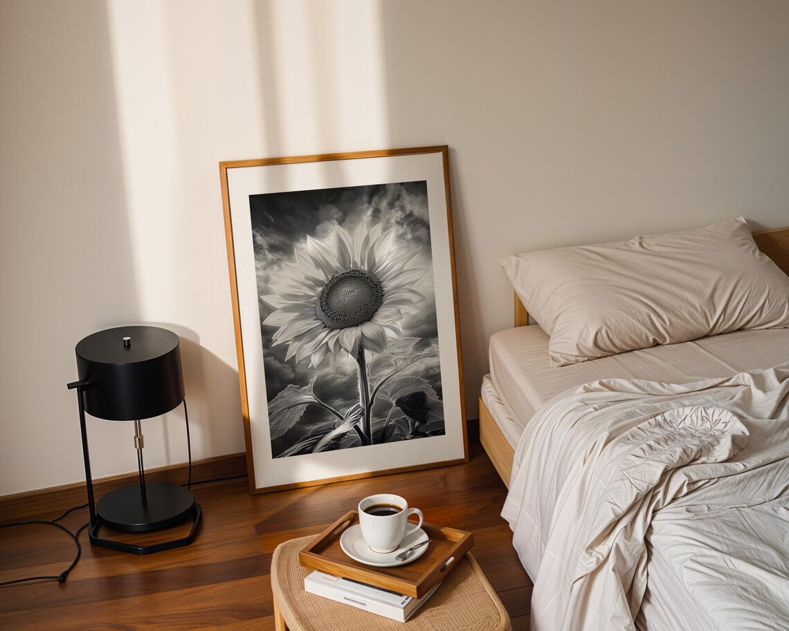 Sunflower Bloom Against Stormy Sky Black and White Photo Poster - Image 2