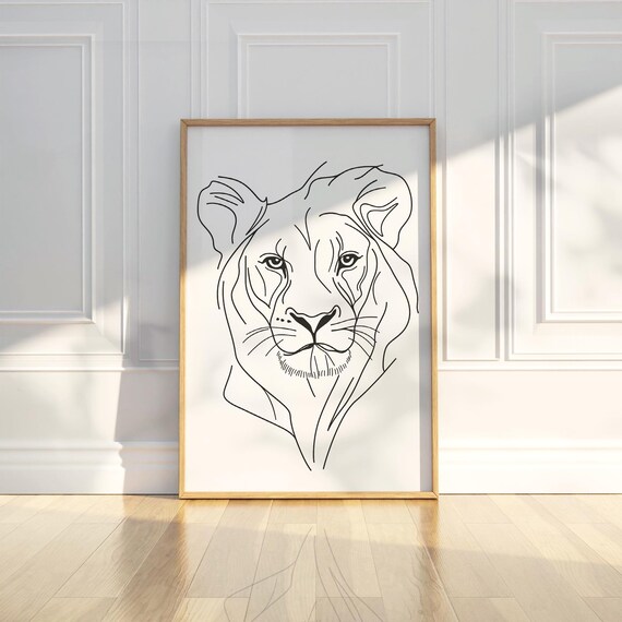 Minimalist Lioness Line Art Drawing Elegant Black White Poster