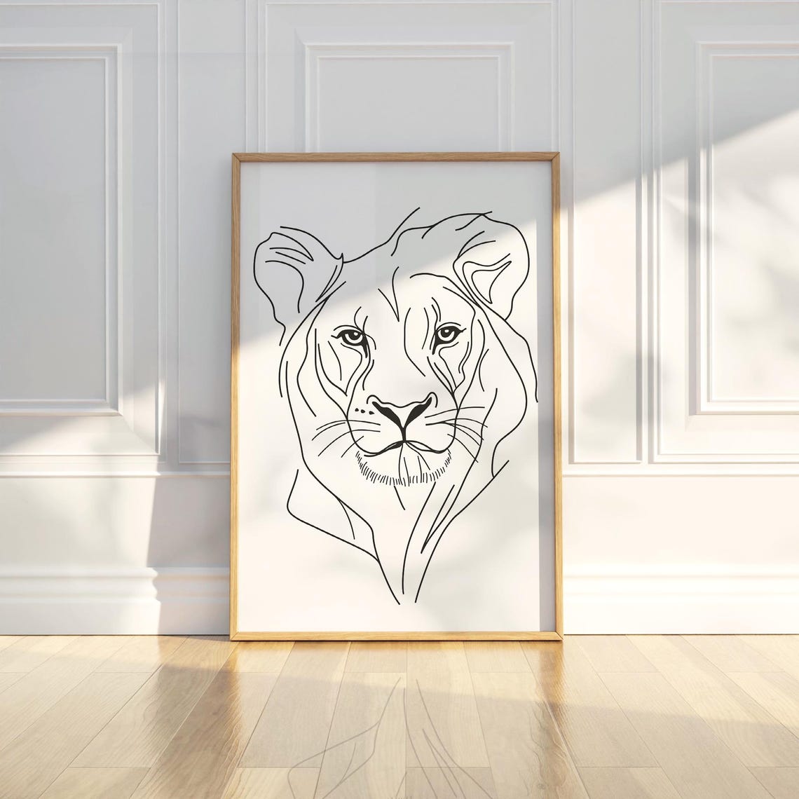 Minimalist Lioness Line Art Drawing Elegant Black White Poster
