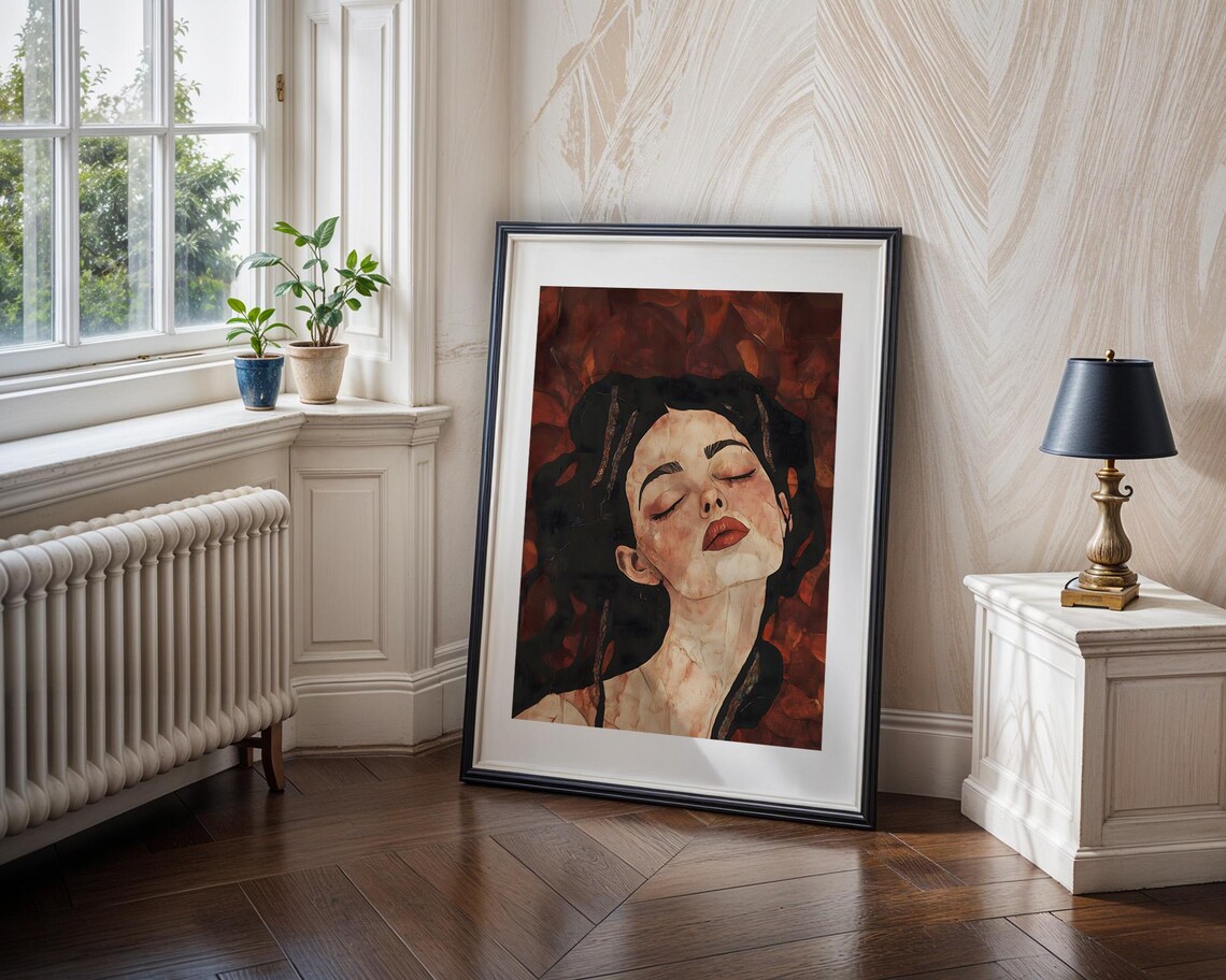 Woman With Closed Eyes Deep Red Expressive Portrait Art Poster - Image 4
